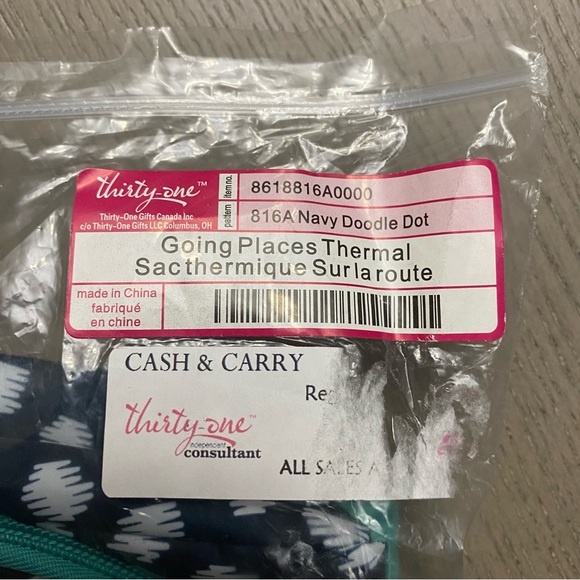 New Thirty One Navy Doodle Dot Going Places Thermal Bag With Strap - Picture 14 of 15